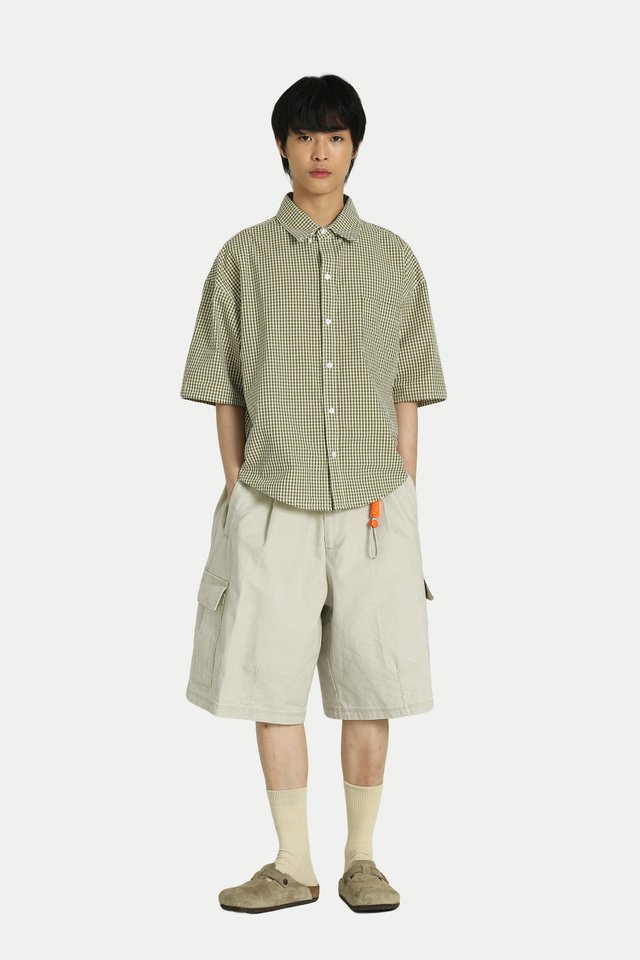 KIP CHECKED SEERSUCKER AERO SHIRT IN FERN