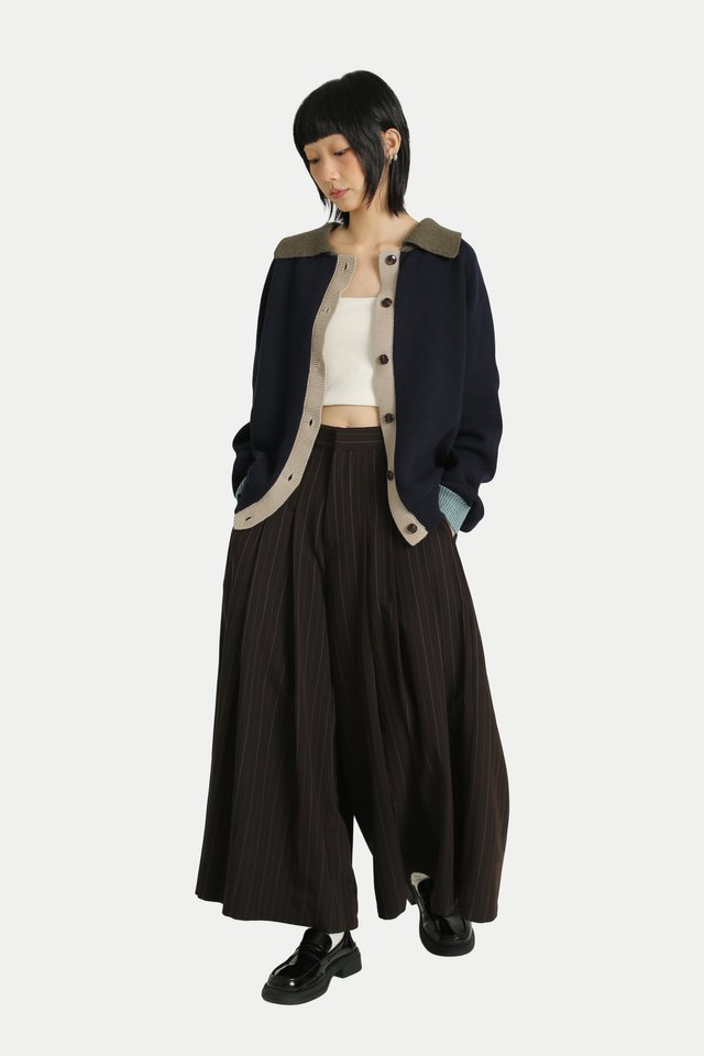IZUMI PLEATED HAKAMA PANTS IN UMBER/COBALT STRIPES