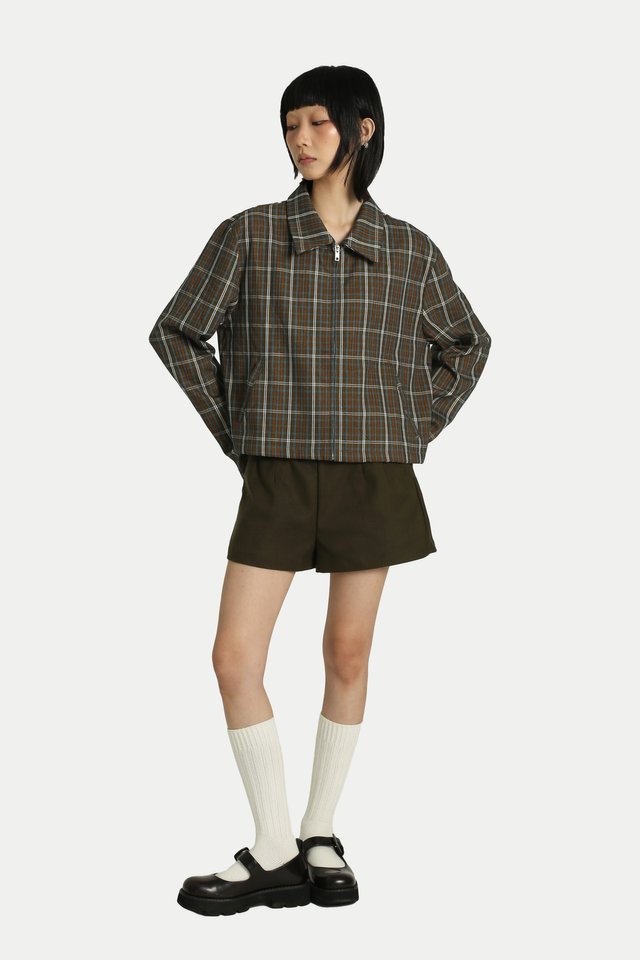 ZELLE BOXY ZIP UP JACKET IN OLIVE CHECKS