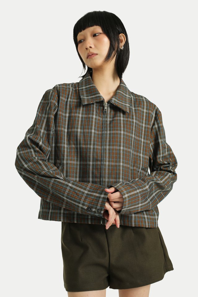ZELLE BOXY ZIP UP JACKET IN OLIVE CHECKS