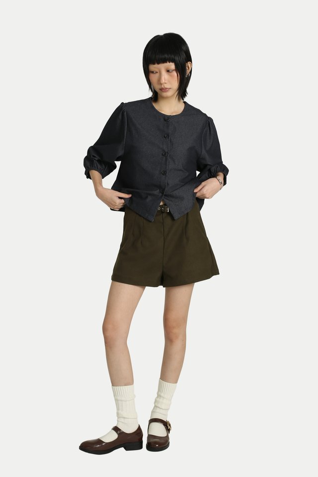 JANELLE BUCKLE MINI SHORTS IN OLIVE