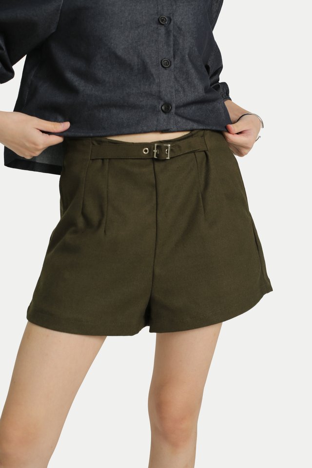 JANELLE BUCKLE MINI SHORTS IN OLIVE