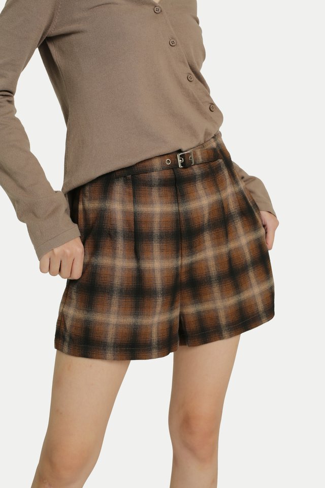 JANELLE BUCKLE MINI SHORTS IN MOCHA CHECKS