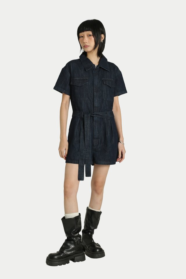 KALI SHORT SLEEVE WORKER ROMPER IN DARK WASH