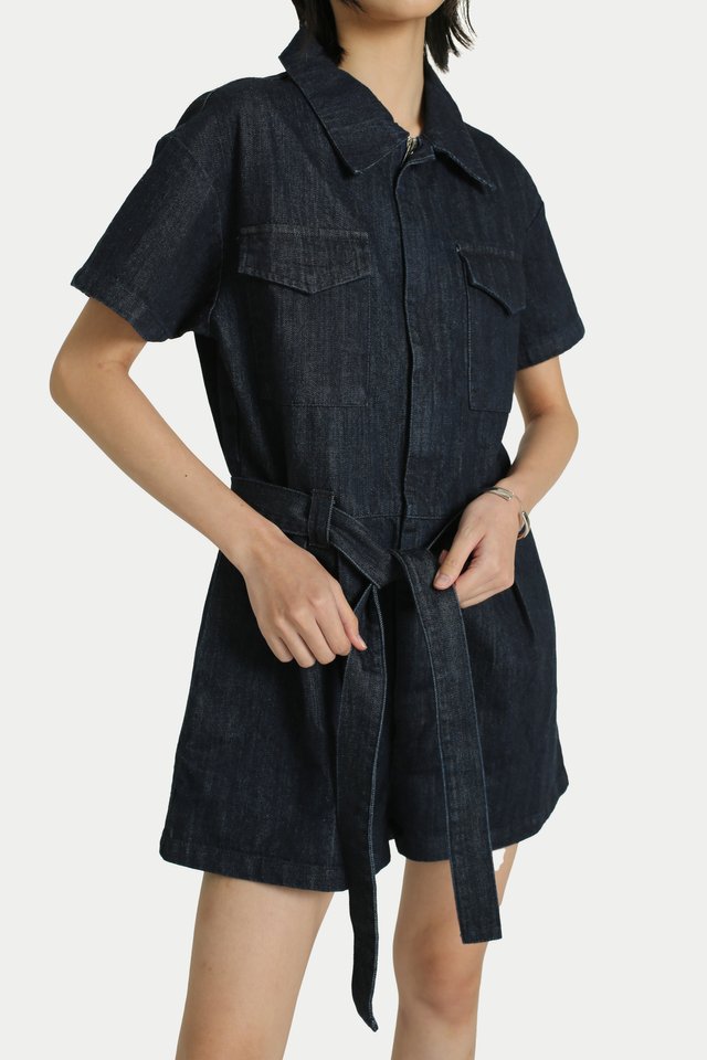 KALI SHORT SLEEVE WORKER ROMPER IN DARK WASH