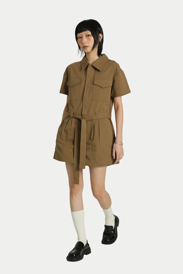 KALI SHORT SLEEVE WORKER ROMPER IN SADDLE
