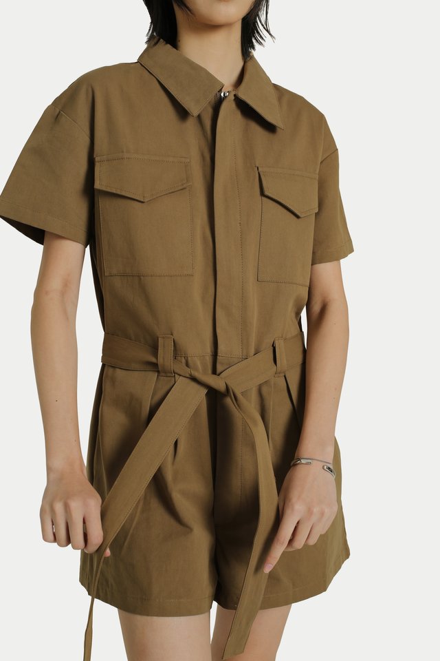 KALI SHORT SLEEVE WORKER ROMPER IN SADDLE