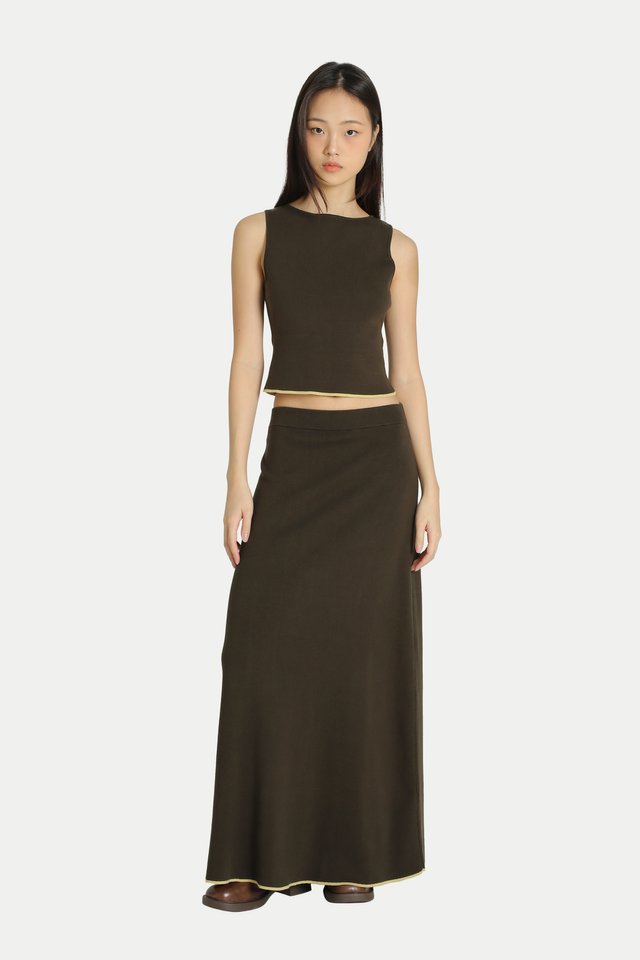 ARCADE X HIRO Y. CONTRAST KNITTED SKIRT IN OLIVE