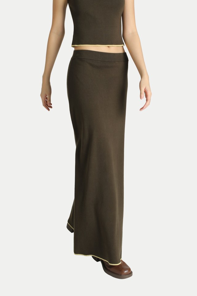 ARCADE X HIRO Y. CONTRAST KNITTED SKIRT IN OLIVE