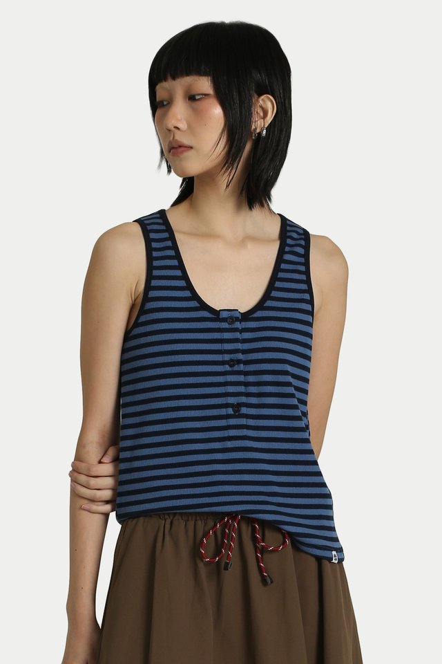 NIKO STRIPE HENLEY TANK TOP IN BLUEBERRY