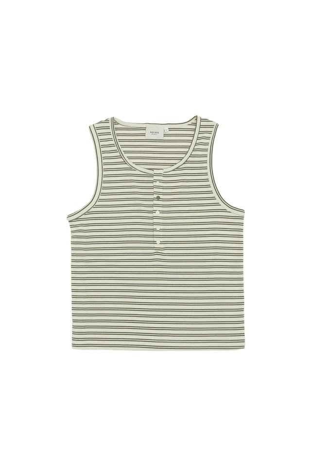 ARCADE X HIRO Y. STRIPED HENLEY TANK TOP IN OLIVE