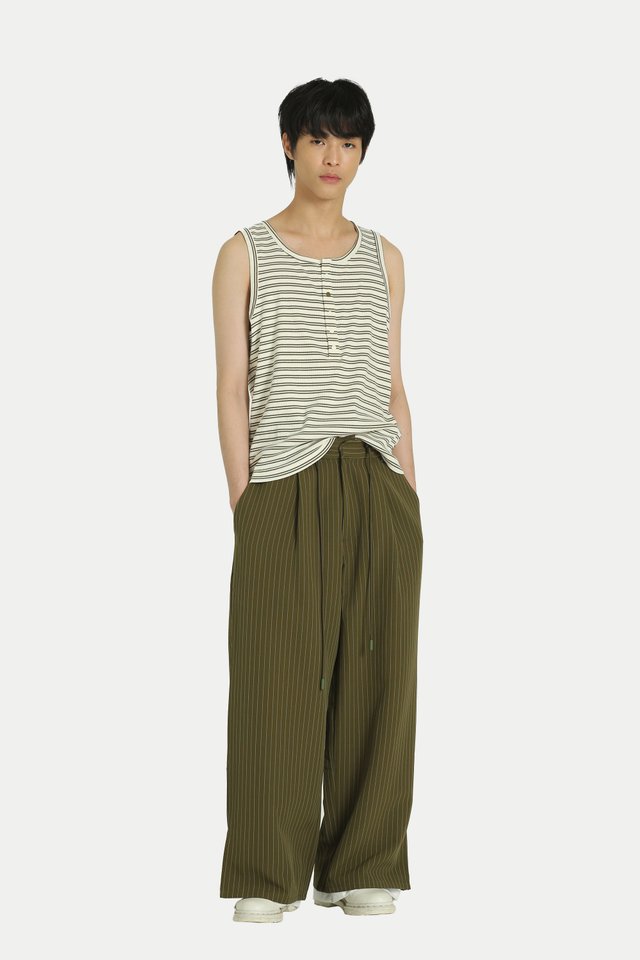 ARCADE X HIRO Y. STRIPED HENLEY TANK TOP IN OLIVE
