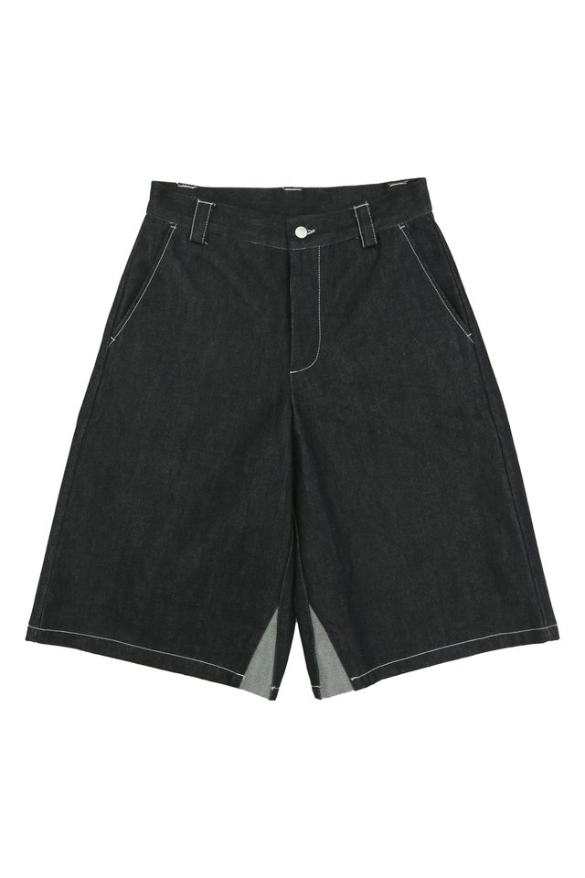 ARCADE X HIRO Y. WIDE-FIT DENIM SHORTS IN DARK WASH