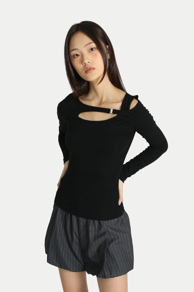 CARINA ASYMMETRICAL CUT-OUT TOP IN BLACK