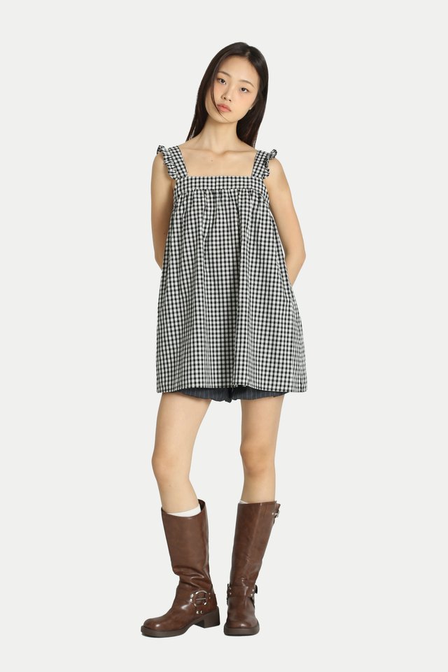 AURELIA FLUTTER BABYDOLL TOP IN BLACK CHECKS