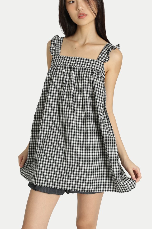 AURELIA FLUTTER BABYDOLL TOP IN BLACK CHECKS