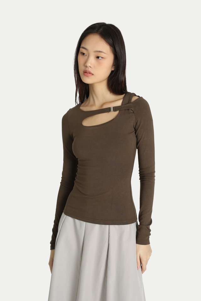 CARINA ASYMMETRICAL CUT-OUT TOP IN MOSS