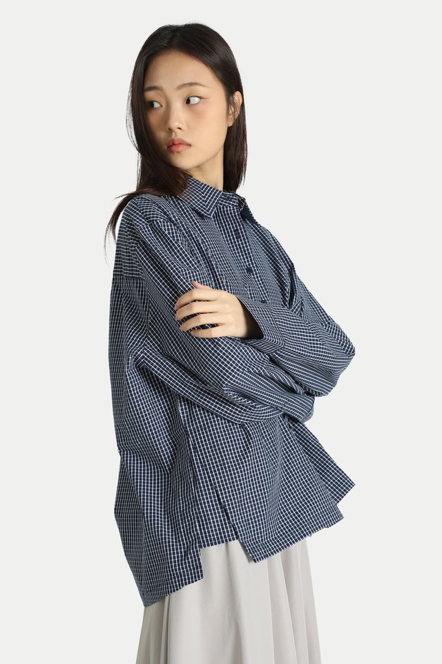 REINA SIDE PANEL SHIRT IN NAVY CHECKS