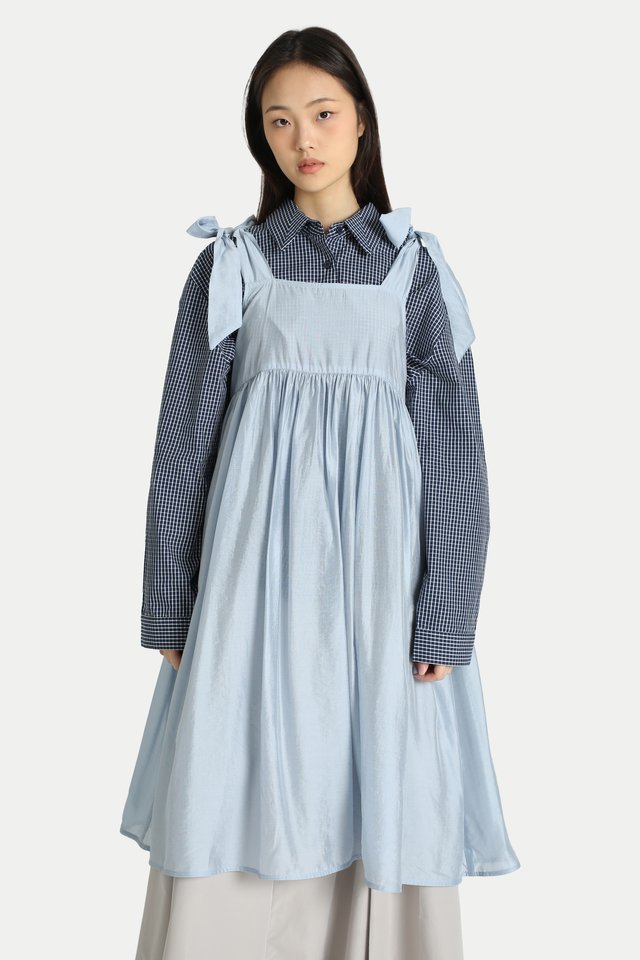 LIONA SHEER SHOULDER TIE DRESS IN POWDER BLUE