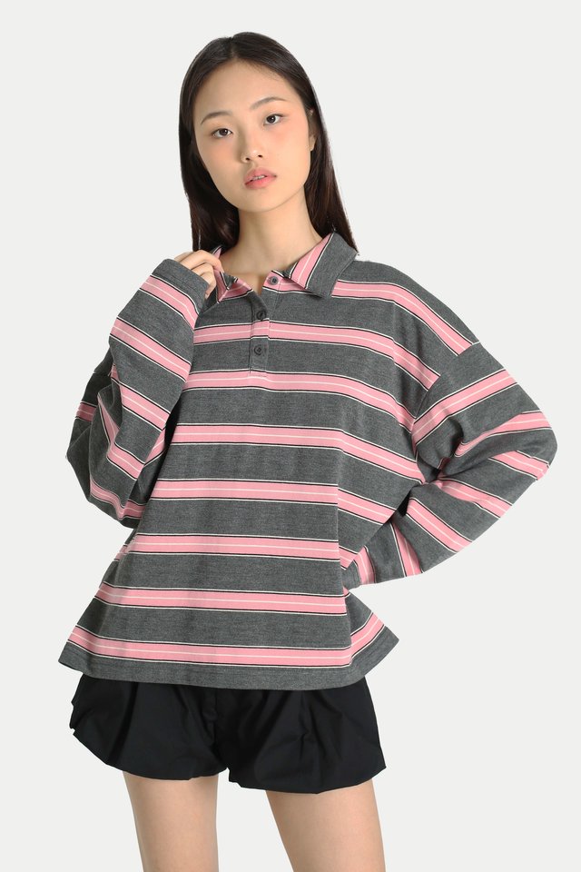 RAYELLE STRIPE LONG SLEEVE POLO SHIRT IN PEBBLE