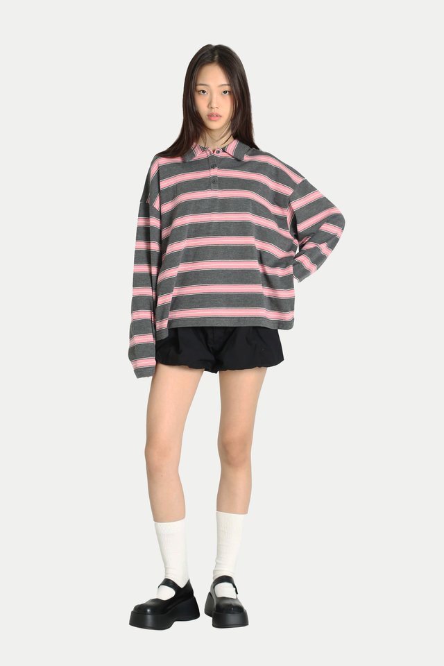 RAYELLE STRIPE LONG SLEEVE POLO SHIRT IN PEBBLE