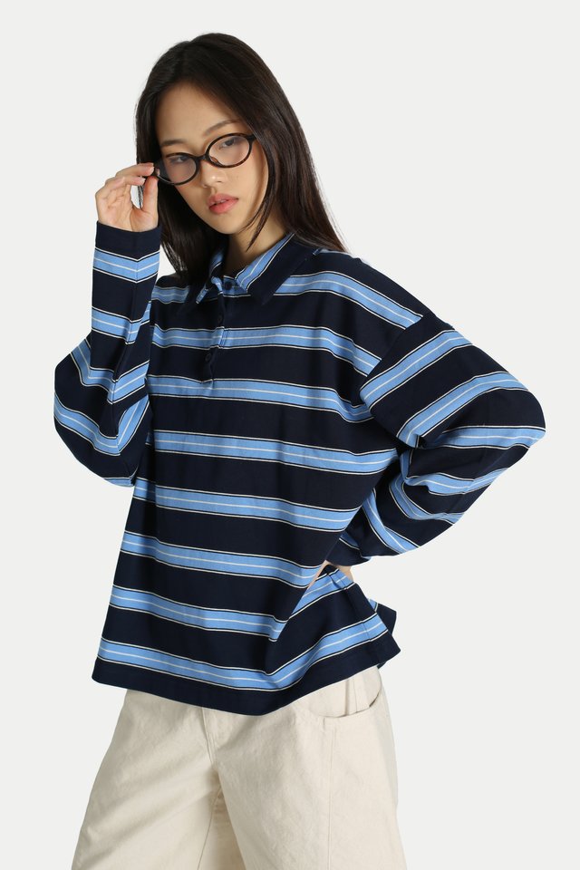RAYELLE STRIPE LONG SLEEVE POLO SHIRT IN BLUEBERRY