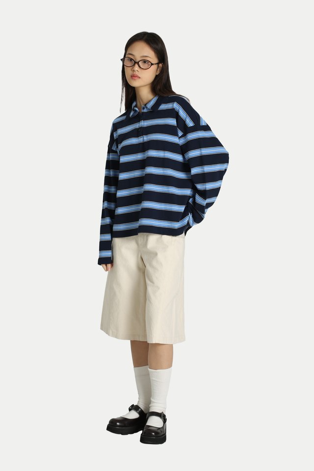 RAYELLE STRIPE LONG SLEEVE POLO SHIRT IN BLUEBERRY