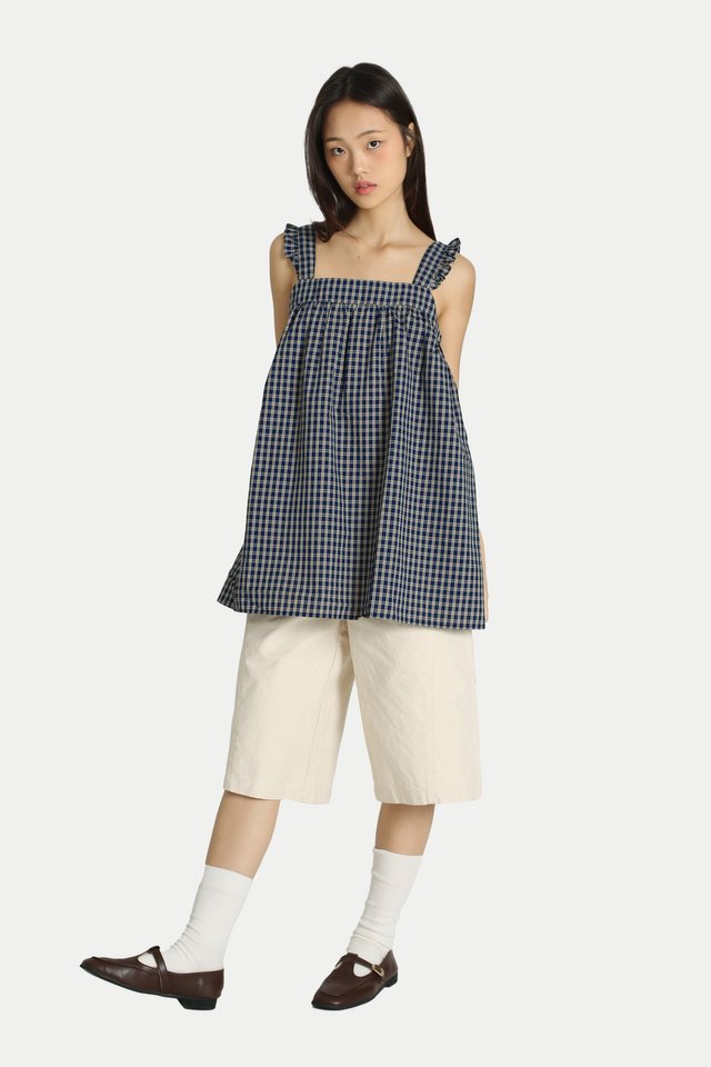 AURELIA FLUTTER BABYDOLL TOP IN NAVY CHECKS