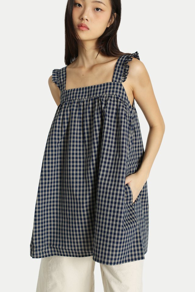 AURELIA FLUTTER BABYDOLL TOP IN NAVY CHECKS