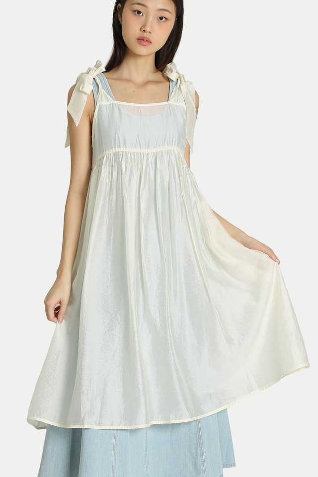 LIONA SHEER SHOULDER TIE DRESS IN WHIPPED CREAM