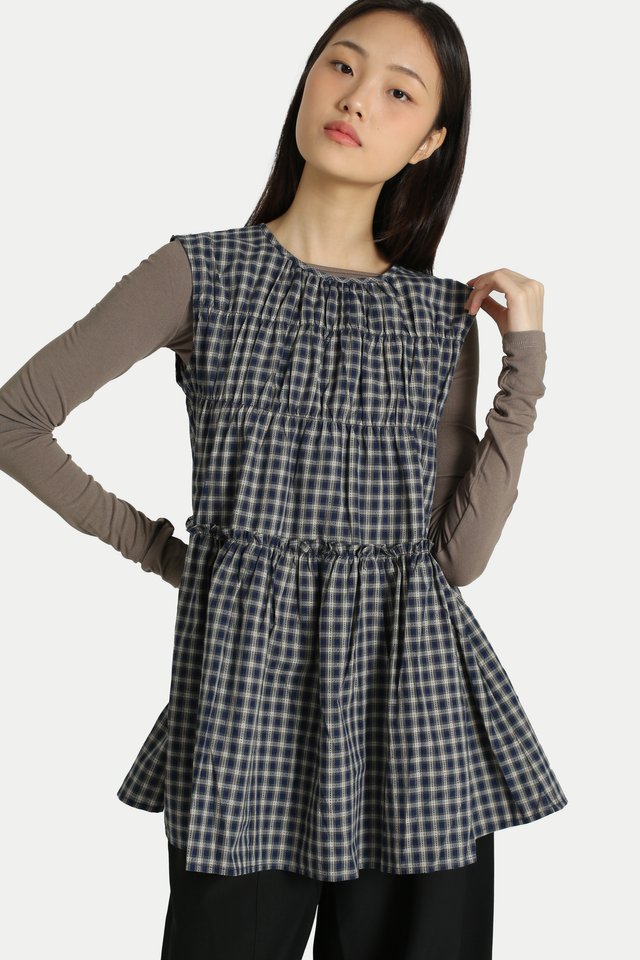 ADORA CHECKERED FRILL TOP IN NAVY