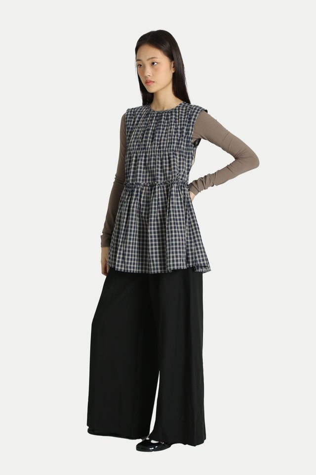 ADORA CHECKERED FRILL TOP IN NAVY