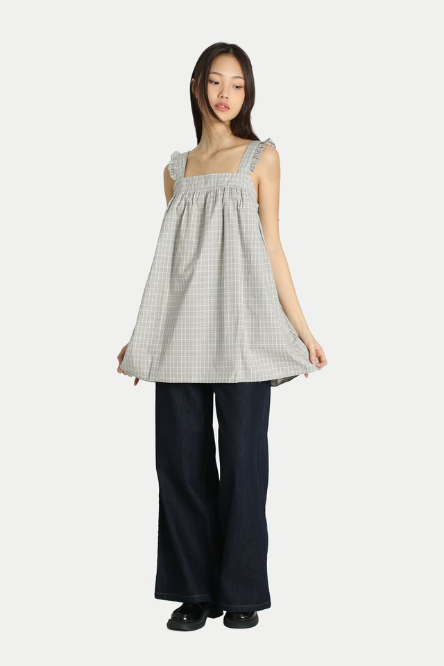 AURELIA FLUTTER BABYDOLL TOP IN GREIGE CHECKS