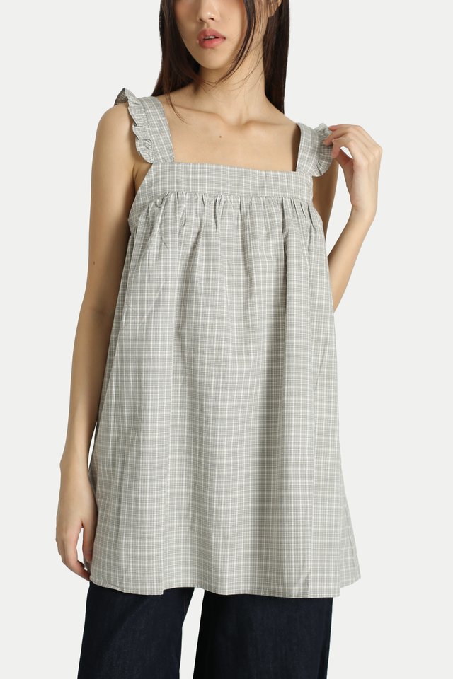 AURELIA FLUTTER BABYDOLL TOP IN GREIGE CHECKS