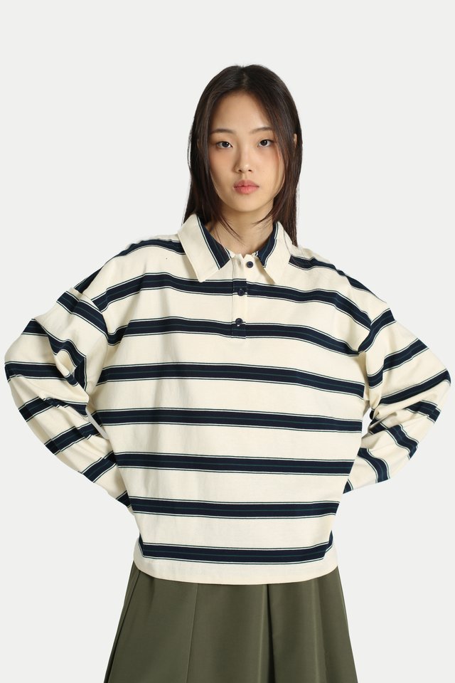 RAYELLE STRIPE LONG SLEEVE POLO SHIRT IN CREAM