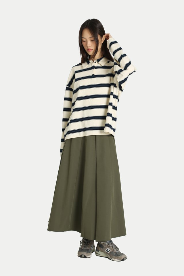 RAYELLE STRIPE LONG SLEEVE POLO SHIRT IN CREAM
