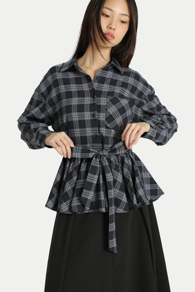 EVELYN PEPLUM FLANNEL SHIRT IN MIDNIGHT PLAID