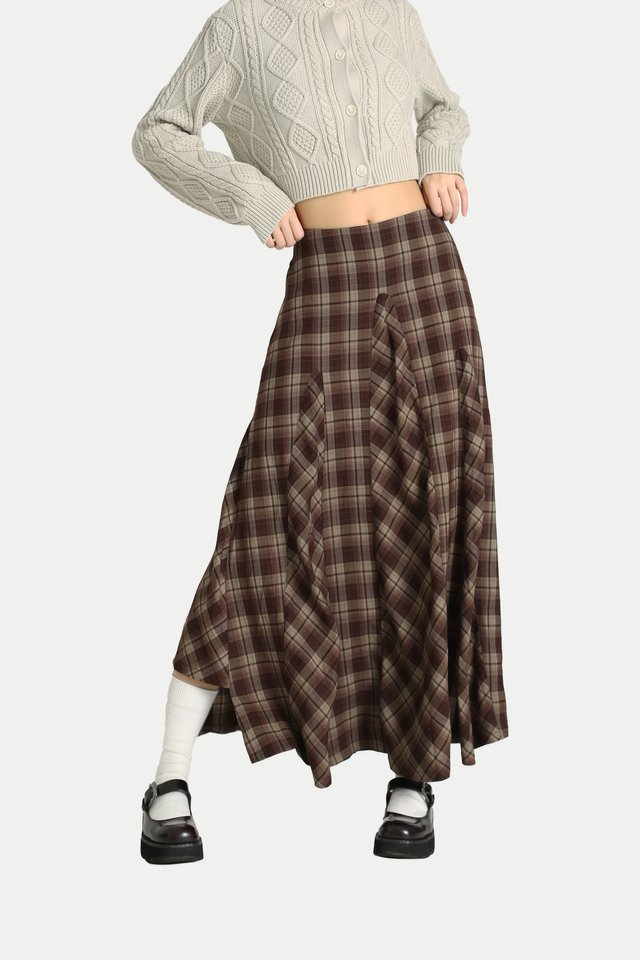 CORALINE ASYMMETRICAL DRAPE SKIRT IN BROWN CHECKS