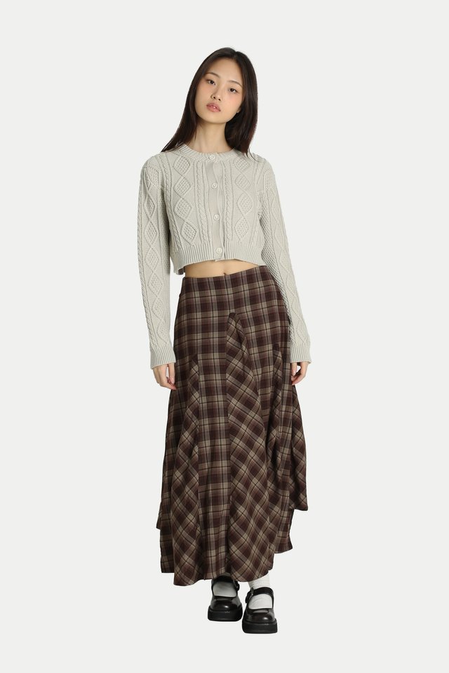 CORALINE ASYMMETRICAL DRAPE SKIRT IN BROWN CHECKS
