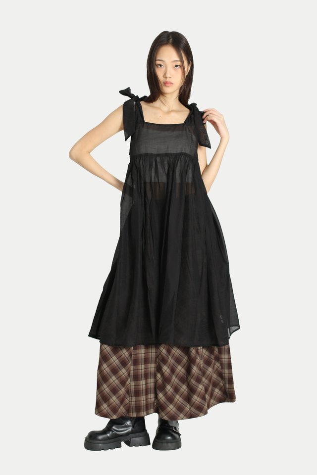 LIONA SHEER SHOULDER TIE DRESS IN BLACK