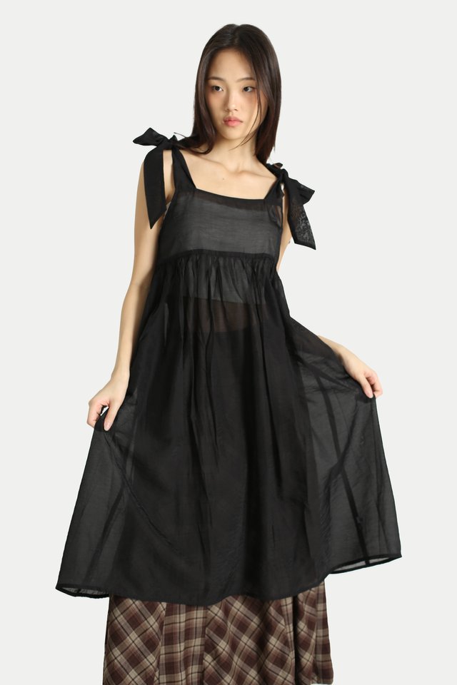 LIONA SHEER SHOULDER TIE DRESS IN BLACK