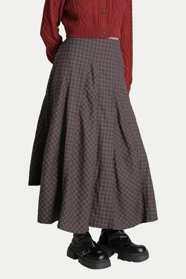CORALINE ASYMMETRICAL DRAPE SKIRT IN SMOKY CHECKS