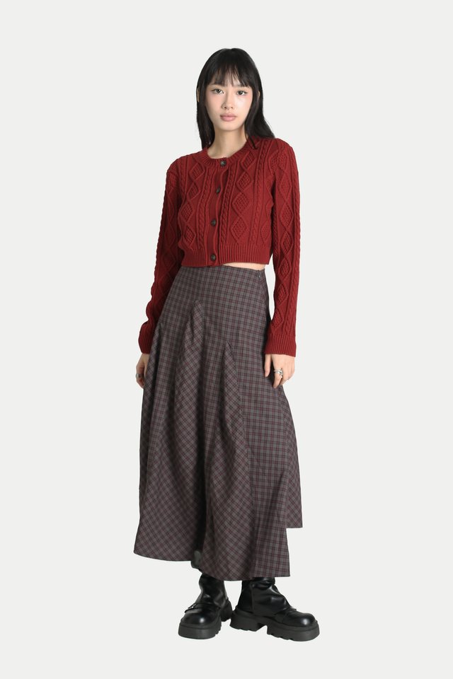 CORALINE ASYMMETRICAL DRAPE SKIRT IN SMOKY CHECKS