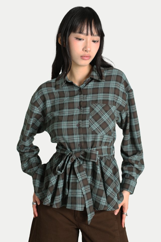 EVELYN PEPLUM FLANNEL SHIRT IN CHOCOLATE MINT PLAID