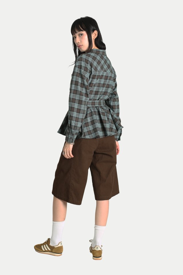 EVELYN PEPLUM FLANNEL SHIRT IN CHOCOLATE MINT PLAID