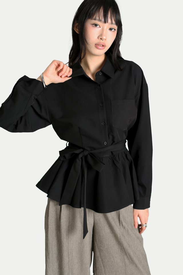 EVELYN PEPLUM FLANNEL SHIRT IN BLACK
