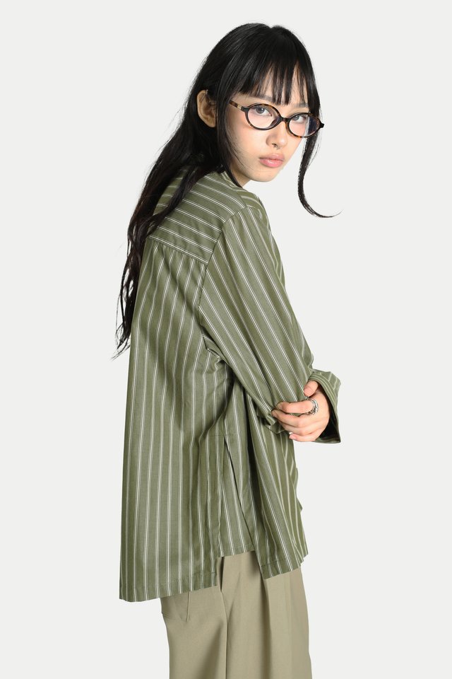 REINA SIDE PANEL SHIRT IN OLIVE STRIPES