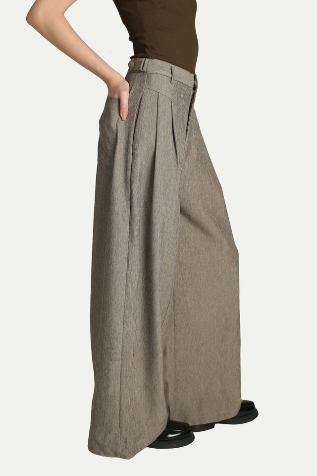 AMARI SIDE PLEAT FLARE TROUSERS IN EARL GREY