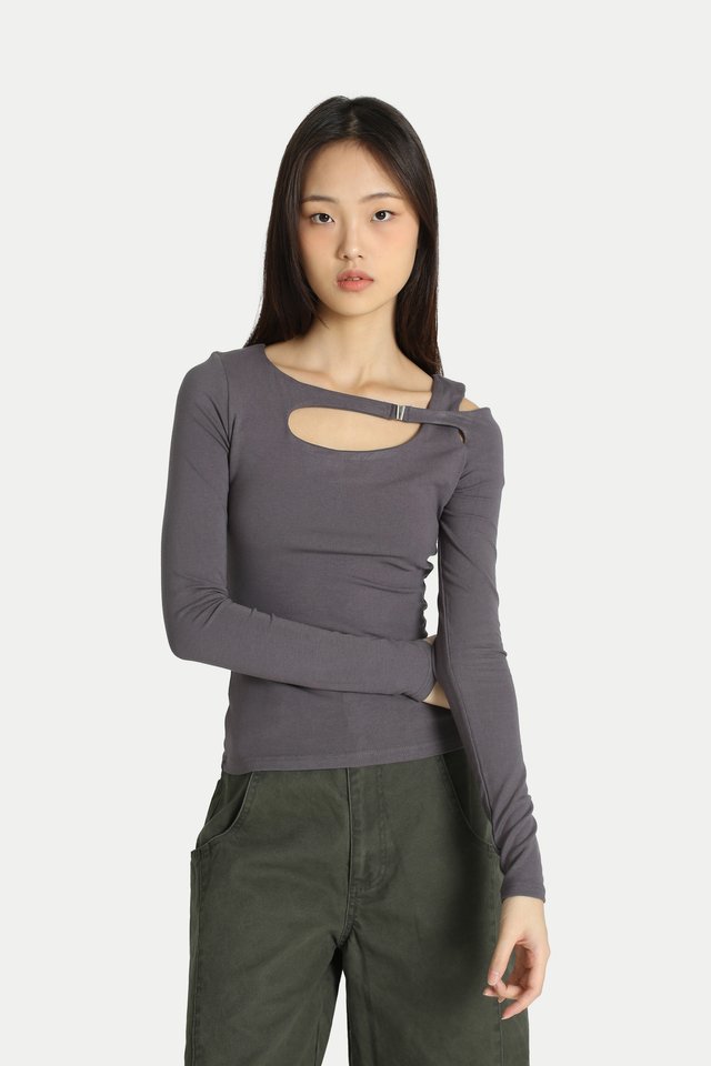 CARINA ASYMMETRICAL CUT-OUT TOP IN CHARCOAL