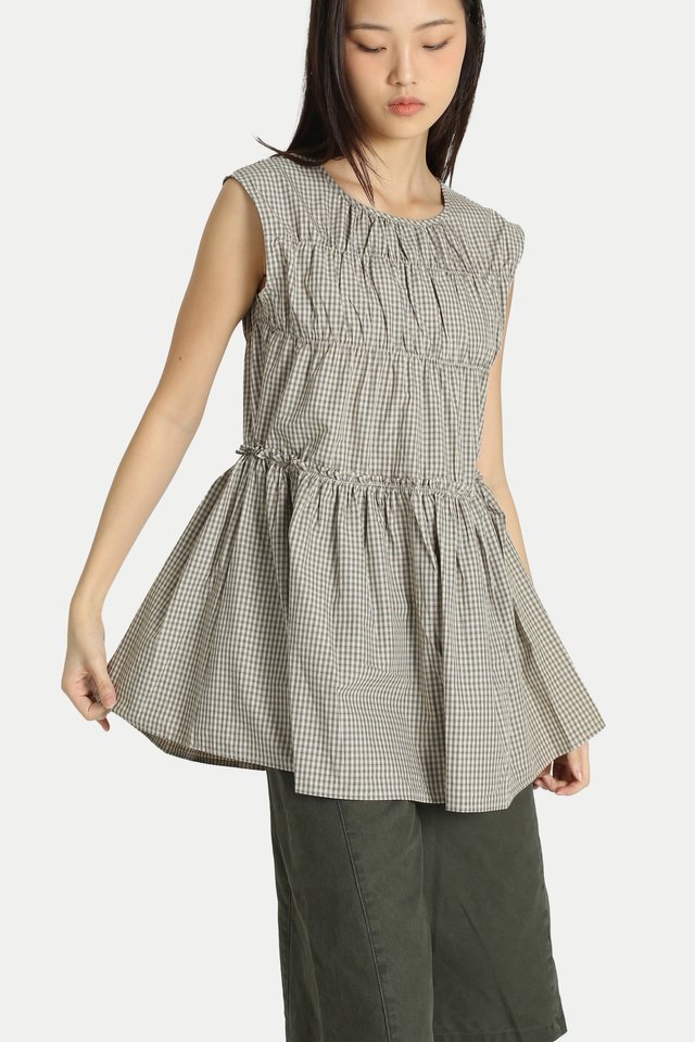 ADORA CHECKERED FRILL TOP IN KHAKI